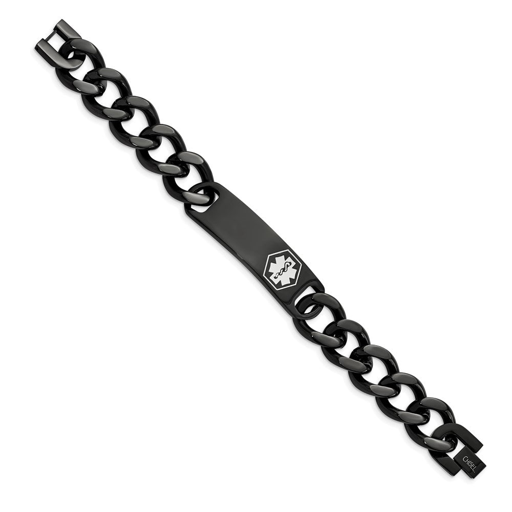 Chisel Stainless Steel Polished Black IP-plated with White Enamel Medical ID 8.25 inch Curb Chain Bracelet 8.25 inches