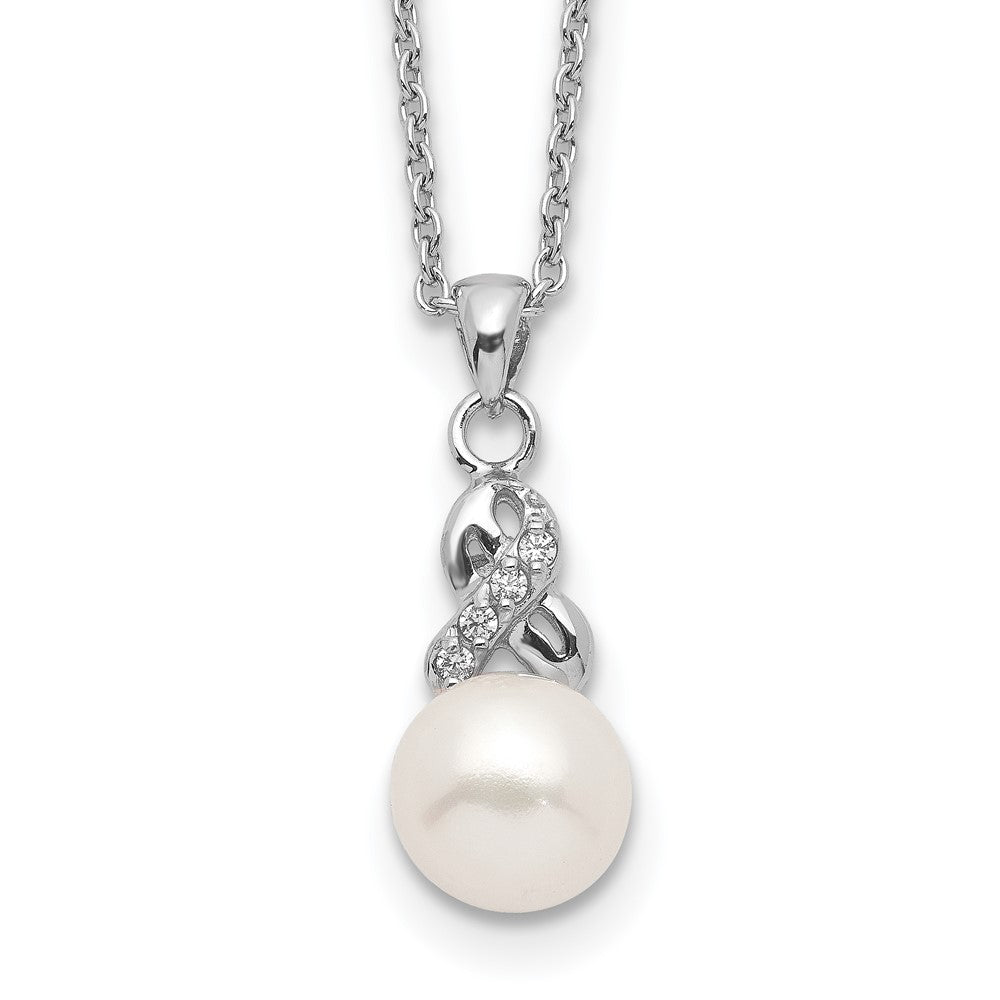 Sterling Silver Rhodium-plated 6-7mm White Near-Round Freshwater Cultured Pearl and CZ 17 inch Necklace 17 Inches