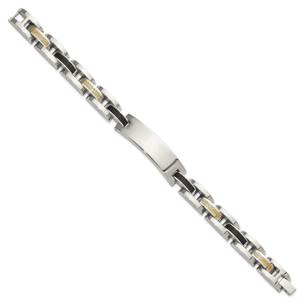 Chisel Stainless Steel Polished with 14K Gold Accent and Onyx 8.75 inch ID Link Bracelet 8.75 inches