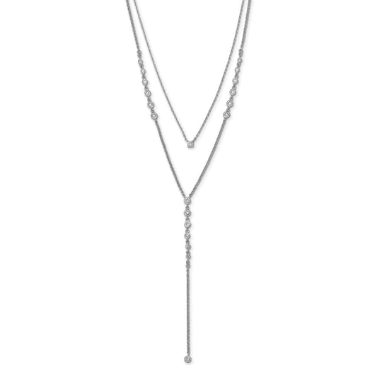 Sterling Shimmer Sterling Silver Rhodium-plated Adjustable up to 29 inches 50 Stone CZ 2 Strand Layer Y-Drop Necklace 28 Inches