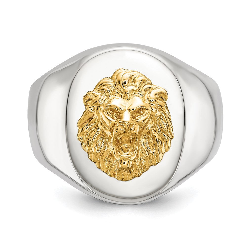 Chisel Stainless Steel Polished with 14K Gold Accent Lion Head Signet Ring Size - 10