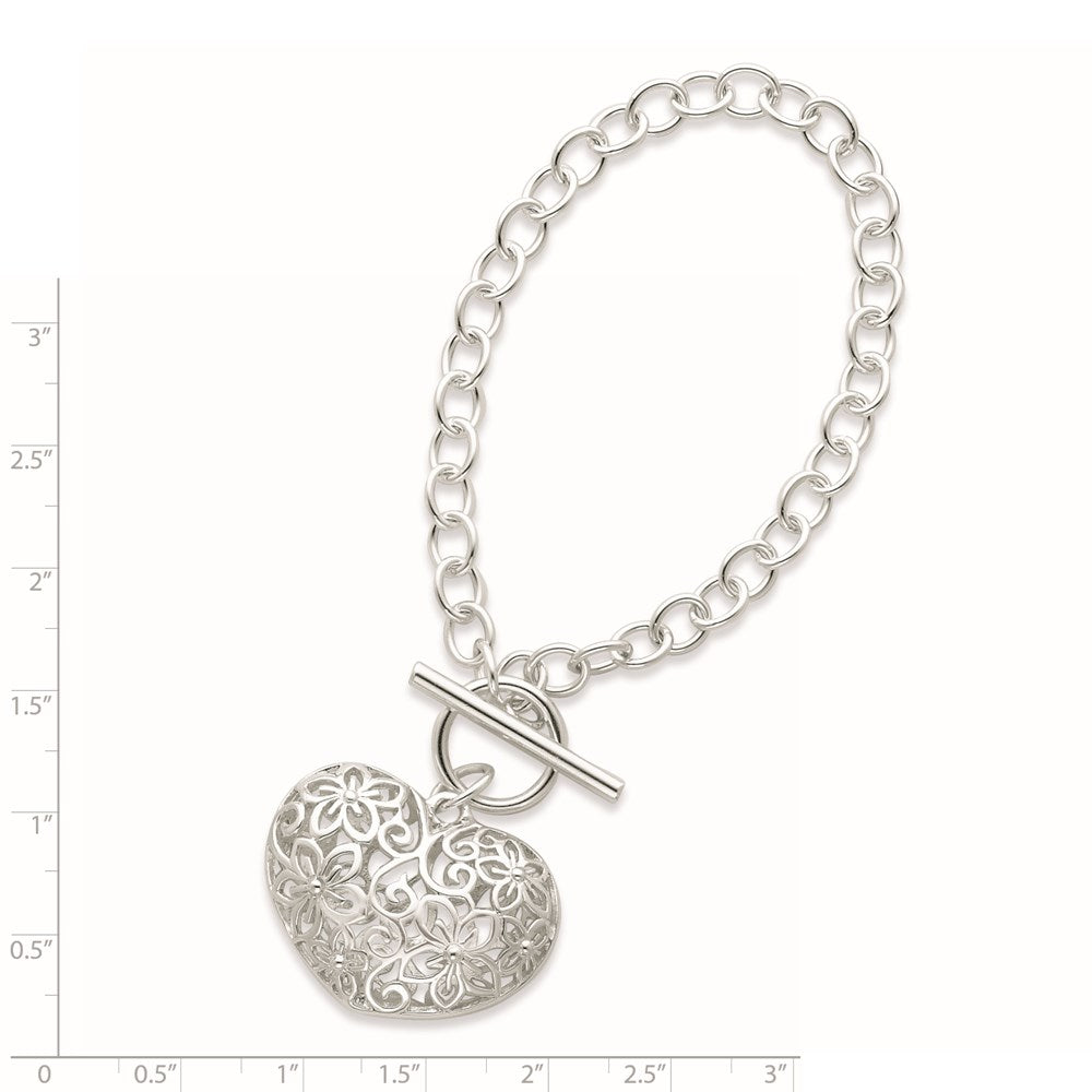 Sterling Silver Puffed Filigree Heart Toggle Bracelet 7.75 inches