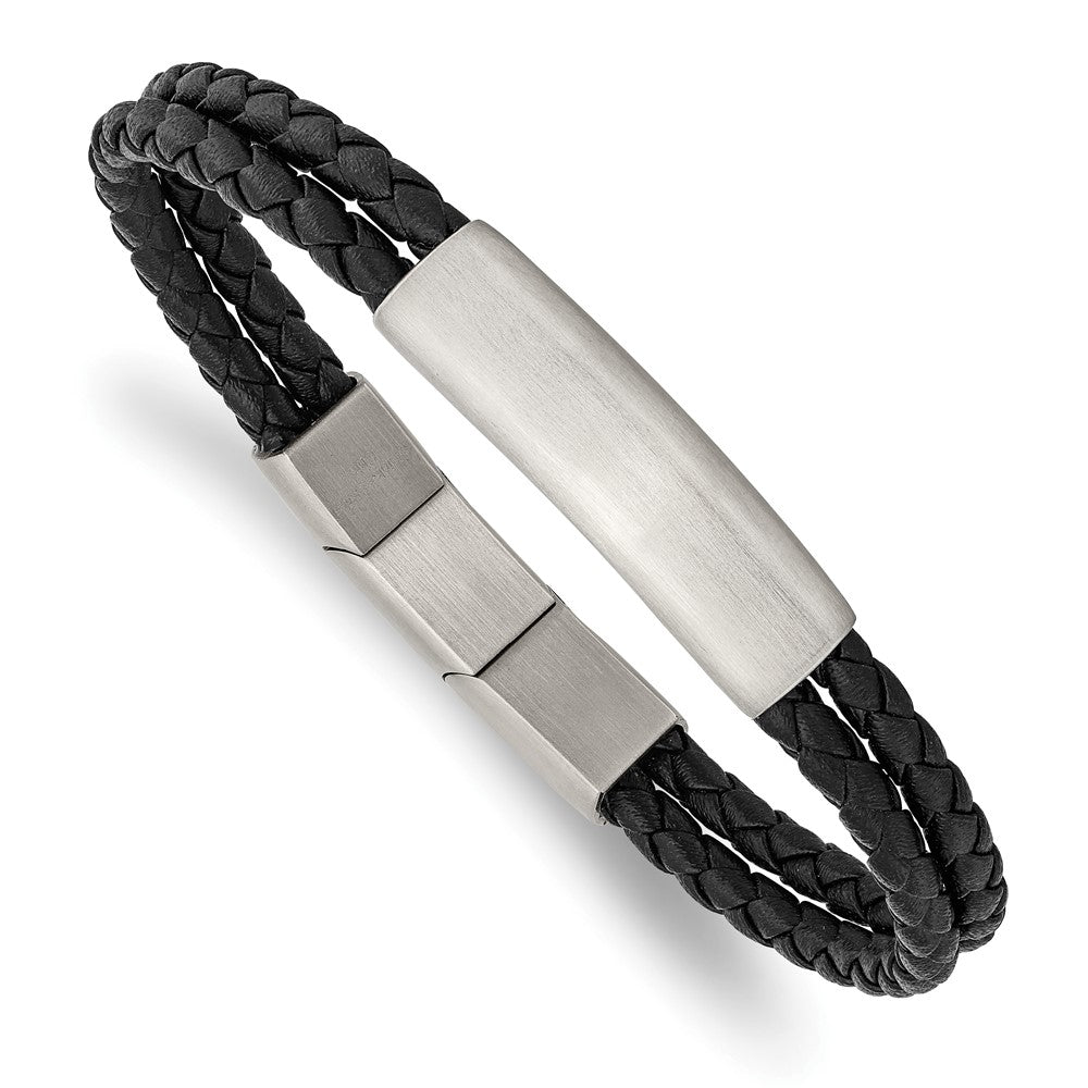 Stainless Steel Brushed Braided Black Leather w/.5in ext 8in Bracelet 8.5 inches