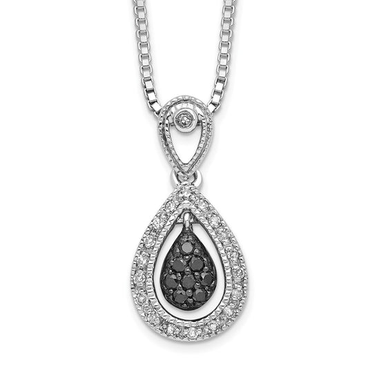 White Night Sterling Silver Rhodium-plated Black with White Diamond Double Teardrop 18 Inch Necklace with 2 Inch Extender 18 Inches