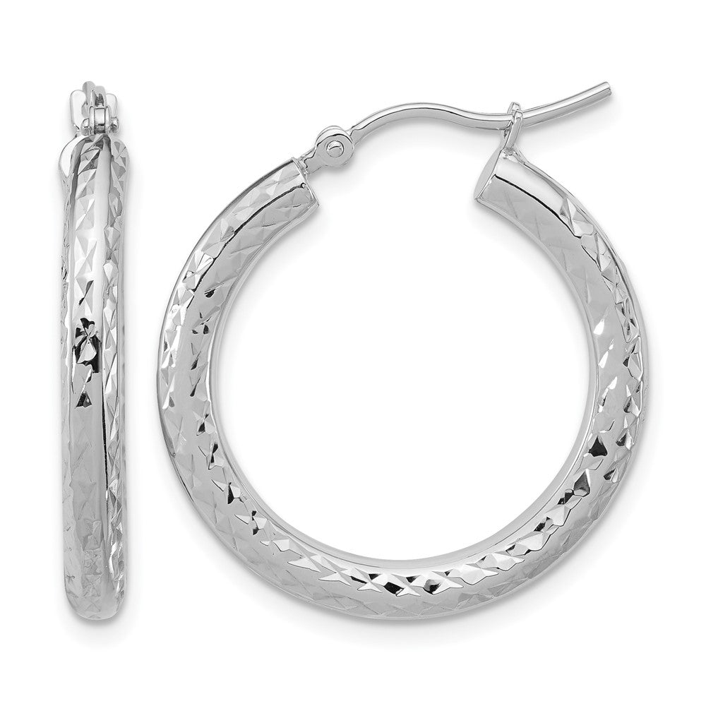 14k White Gold Diamond-cut 3mm Round Hoop Earrings