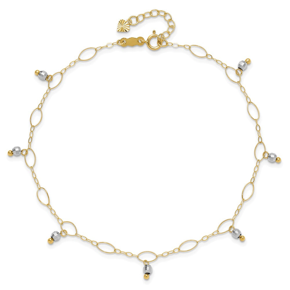 14K Two-Tone Mirror Beaded 9in Plus 1in ext. Anklet 9 inches