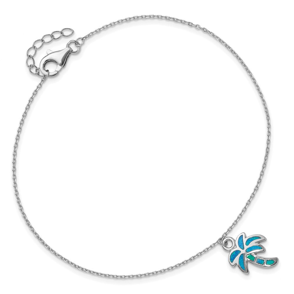 Sterling Silver Rhodium-plated Created Opal Palm Tree 9 inch with a 1 inch extention Anklet 9 inches