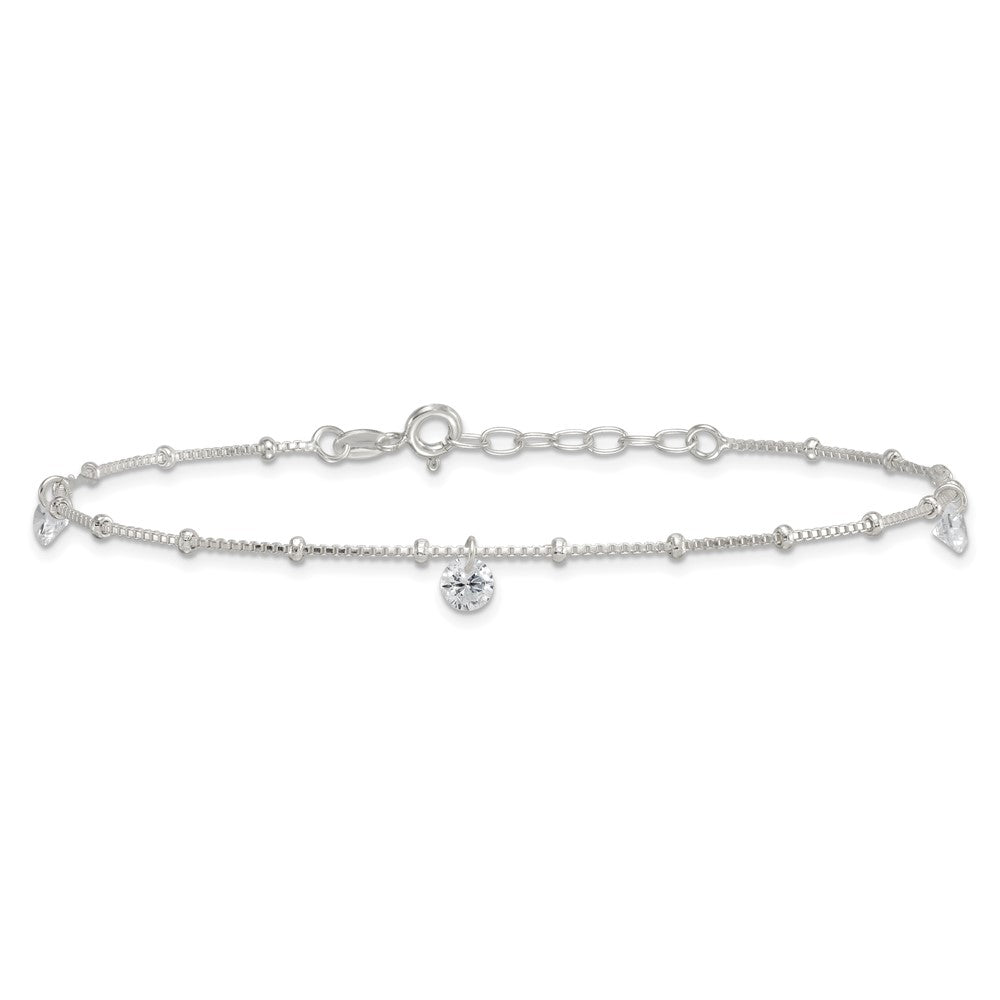 Sterling Silver Polished Beaded with White CZ Dangles 9 inch with 1 inch Extension Anklet
