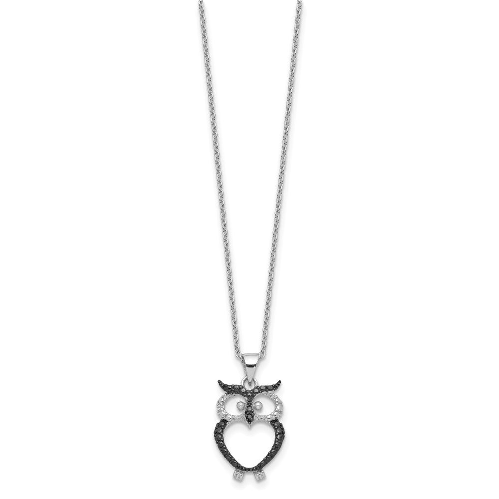 Cheryl M Sterling Silver Rhodium-plated with Black Rhodium Polished Black and White CZ Owl 16 Inch with 2 Inch Extension Necklace