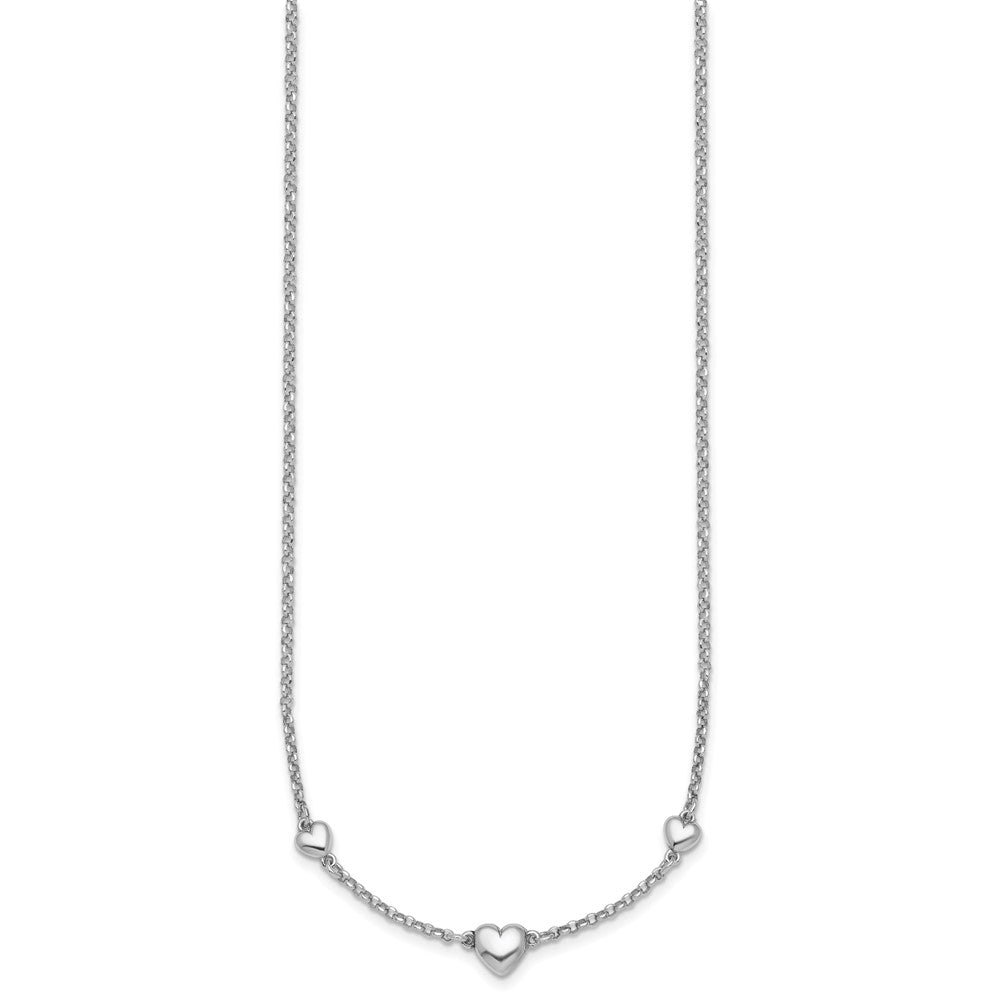 Sterling Silver Rhodium-plated Polished Three Puffed Hearts 16 inch with 2 inch Extender Necklace 16 Inches