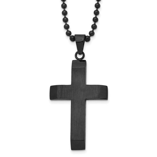 Stainless Steel Brushed & Polished Black IP-plated Cross 24in Necklace