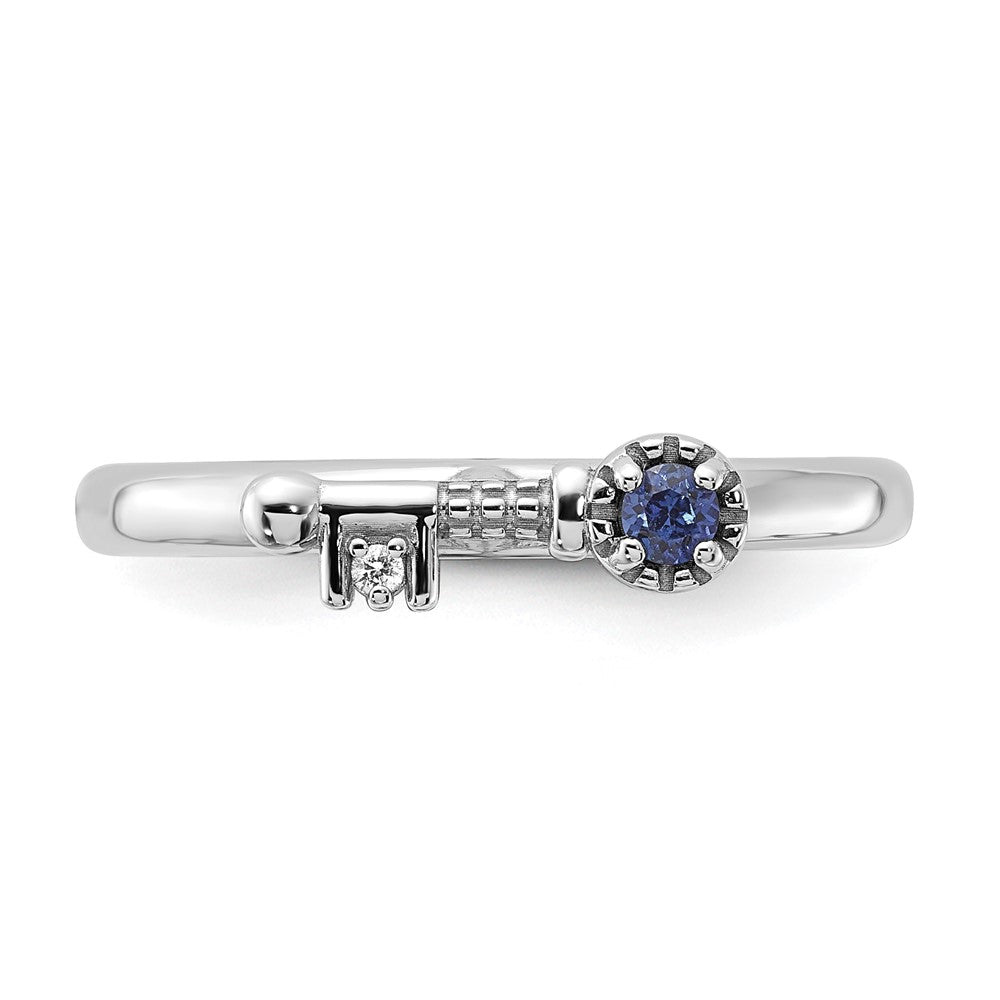 Sterling Silver Stackable Expressions Rhodium-plated Created Sapphire and White Topaz Key Ring Size -5