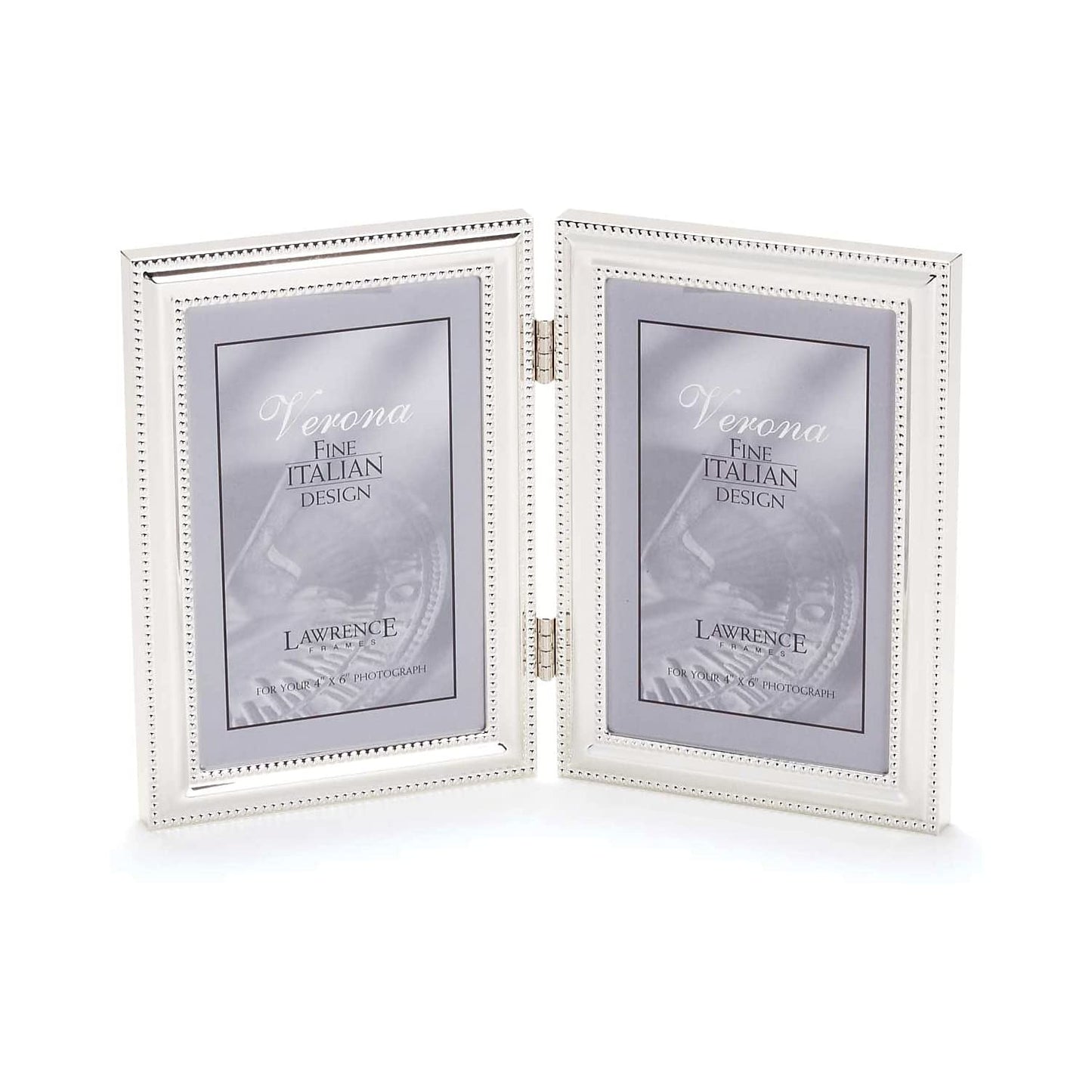Lawrence Frames 4x6 Hinged Double (Vertical) Metal Picture Frame Silver-Plate with Delicate Beading
