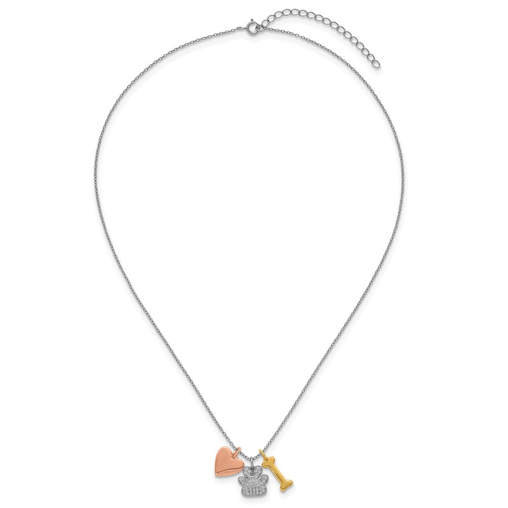 Sterling Silver Rose and Yellow Gold-plated Polished CZ Pawprint Heart and Bone 16 Inch with 2 Inch Extension Necklace 16 Inches
