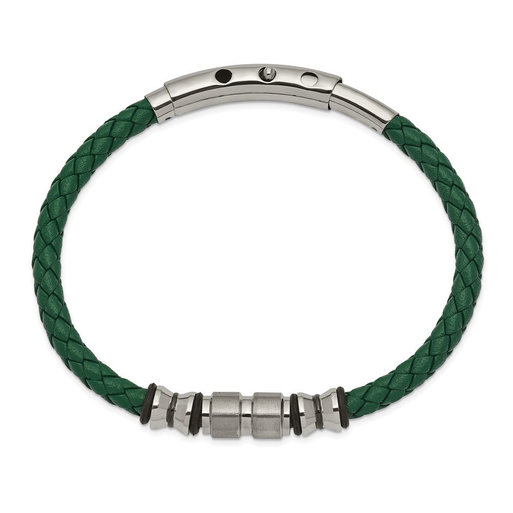 Stainless Steel Brushed & Polished Blk IP/Rubber Green Leather Adj Bracelet