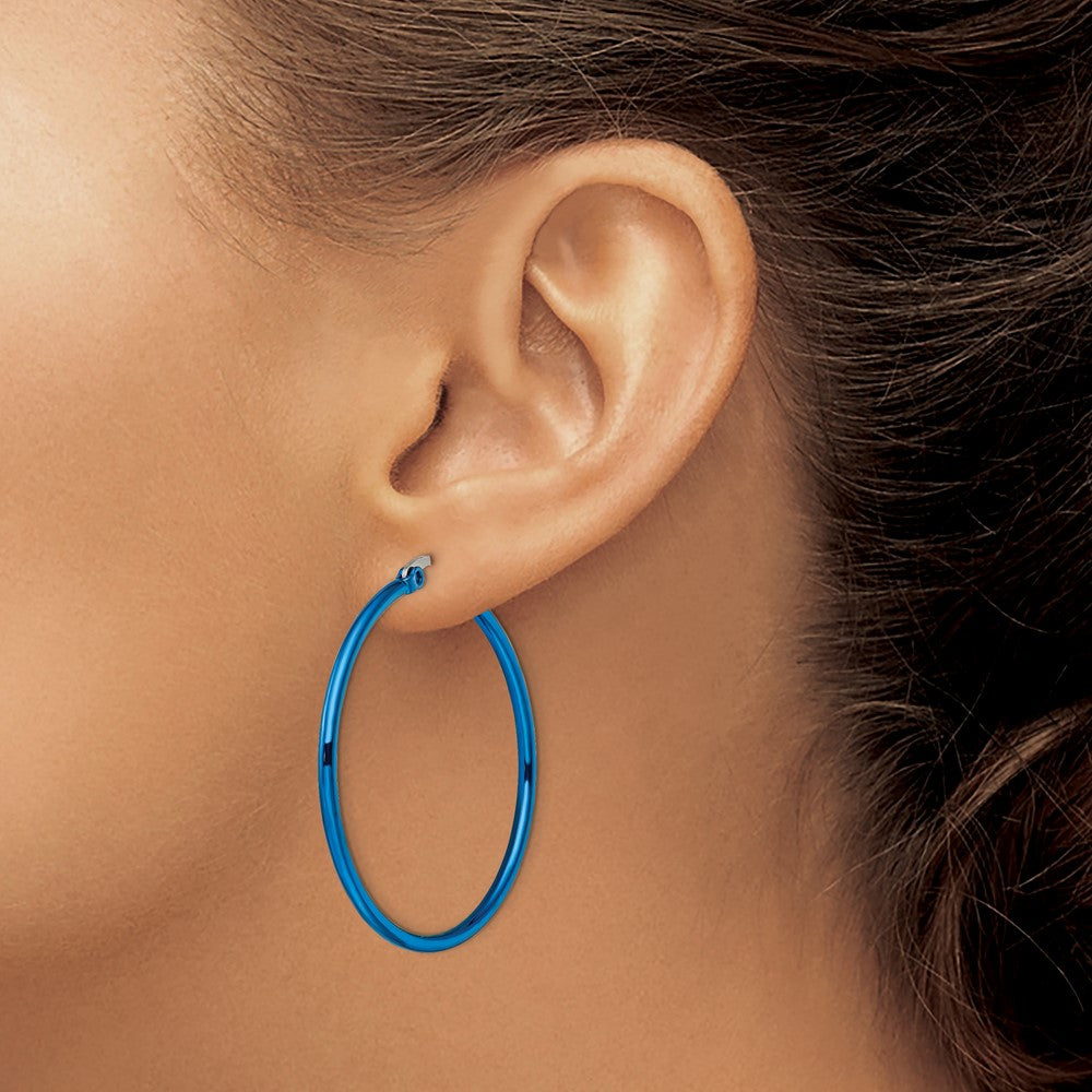 Stainless Steel Polished Blue IP-plated 42mm Diameter Hoop Earrings