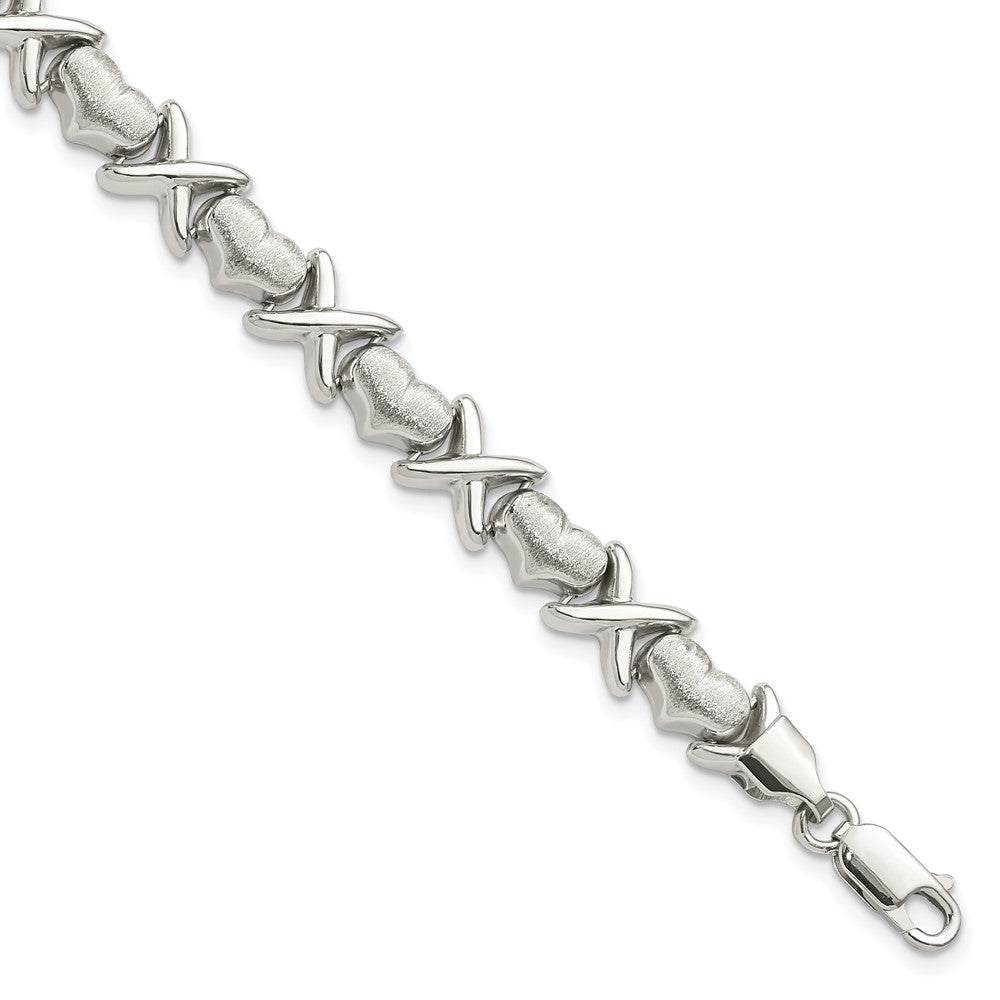 Sterling Silver Polished and Satin X and Hearts Bracelet 8 inches