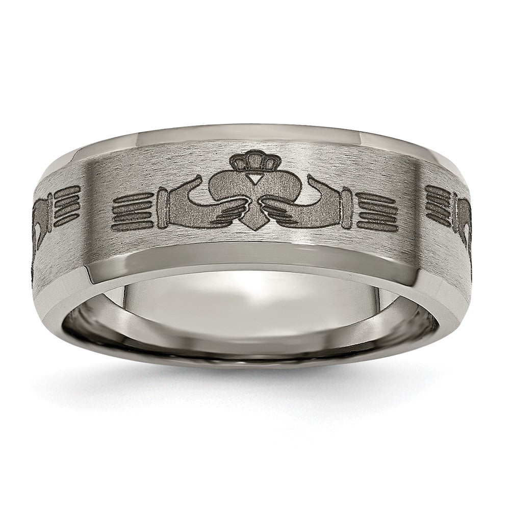 Titanium Brushed/Polished Claddagh Laser Design 8mm Beveled Edge Band Size - 7.5