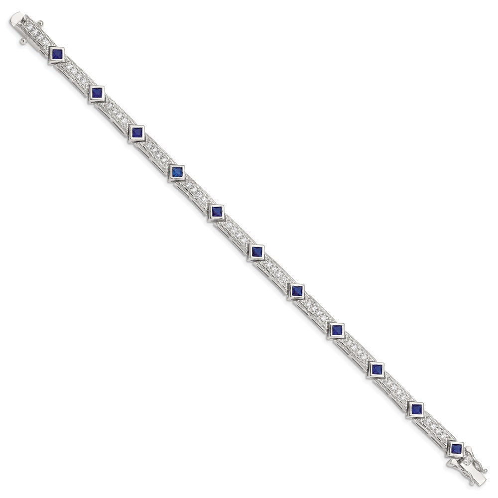 Sterling Silver Rhodium-plated Blue Glass and CZ 7.25 inch Bracelet 7.25 inches