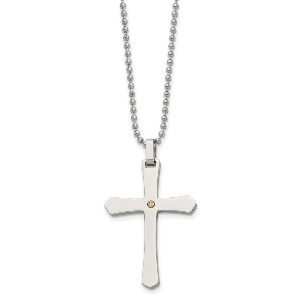 Stainless Steel Polished w/14k Accent .02ct Diamond Cross 22 inch Necklace