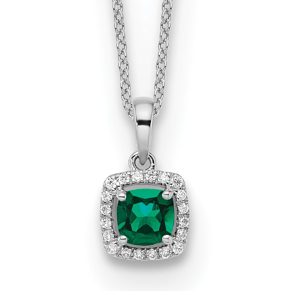 14k White Gold 1/10 carat Lab Grown Diamond VS/SI+ G+ and Created Emerald 18 inch Pendant Necklace