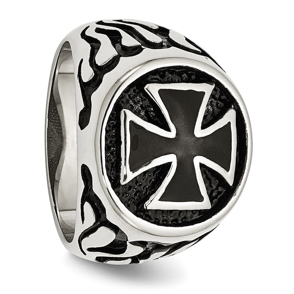 Stainless Steel Antiqued Polished & Textured Black IP-plated Cross Ring Size - 9