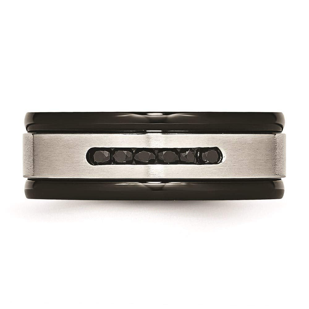 Stainless Steel Brushed/Polished Black IP & Black CZ 8mm Grooved Band Size - 8