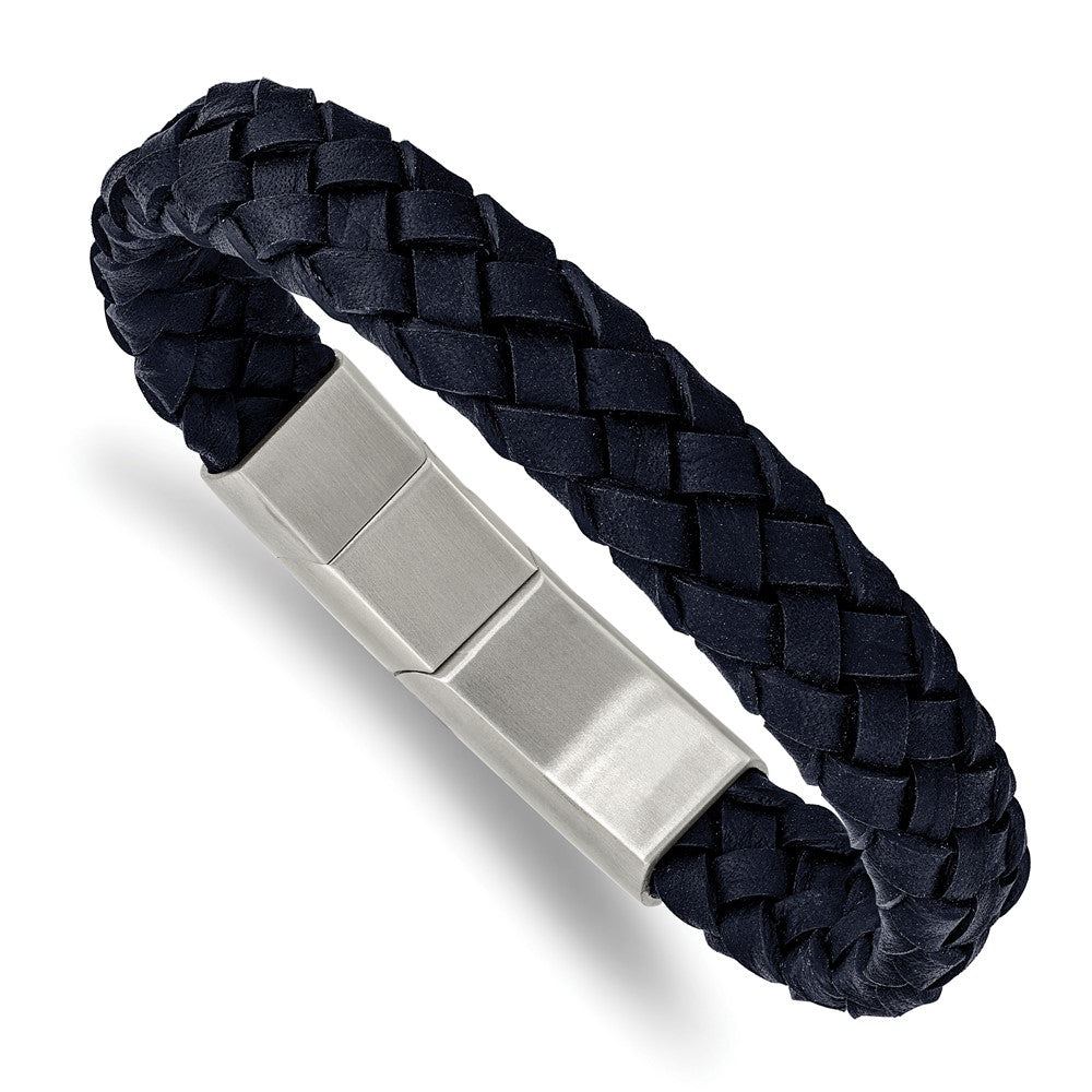 Stainless Steel Brushed Navy Braided Leather 8.25in w/.5in ext Bracelet 8.25 inches