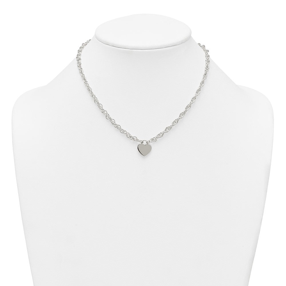 Sterling Silver Polished Fancy Engravable Heart Disc on Rope Chain 16 Inch with 2 Inch Extension Necklace 16 Inches