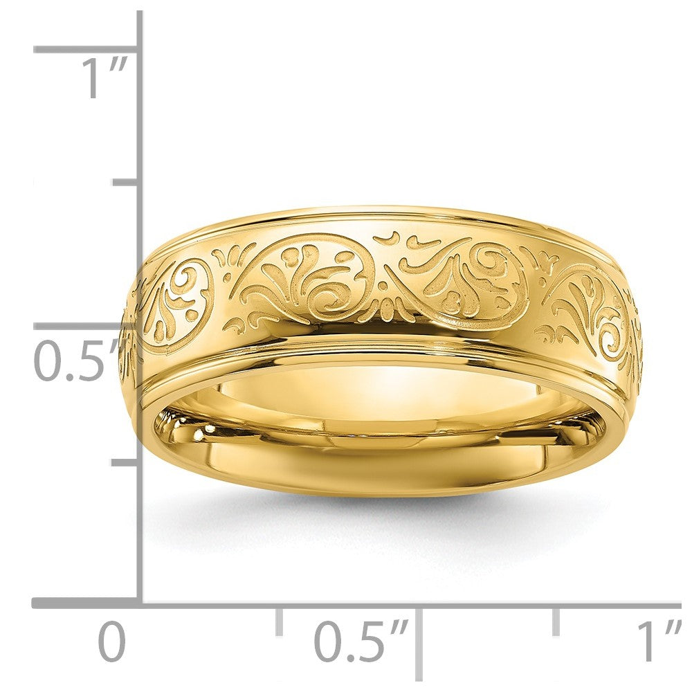 Stainless Steel Polished Yellow IP Etched Design Ridged Edge 7.5mm Band Size - 9.5