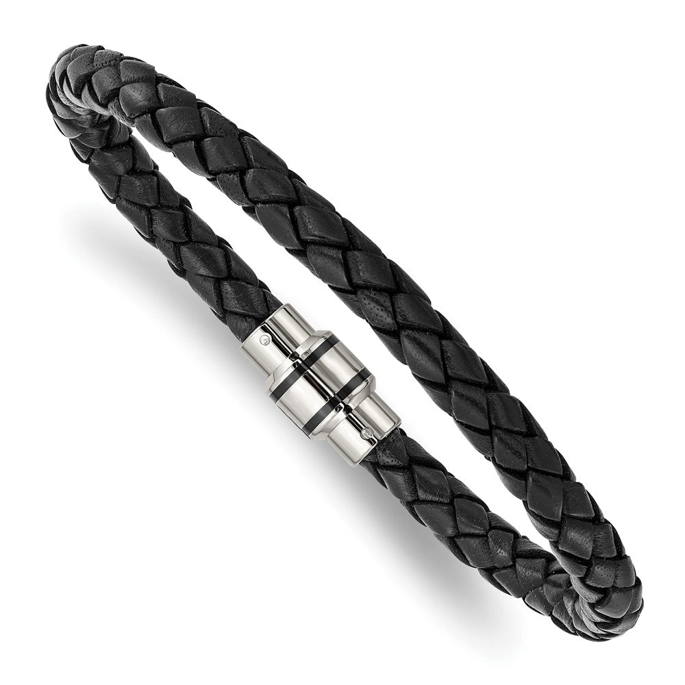 Stainless Steel Polished Black IP-plated Black Woven Leather Bracelet 9 inches