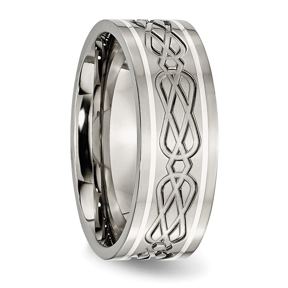 Titanium Polished w/Sterling Silver Inlay Celtic Knot 8mm Flat Band Size - 10