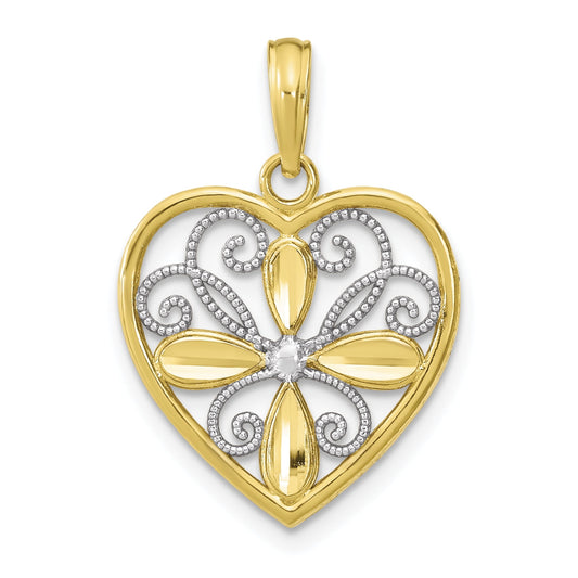 10K W/ Rhodium Beaded Filigree Fashion Heart Charm