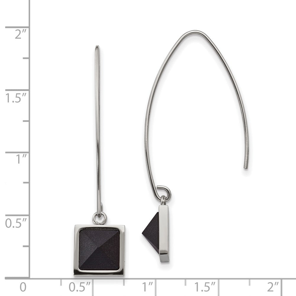 Stainless Steel Polished w/Blk Carbon Fiber Dangle Shepherd Hook Earrings