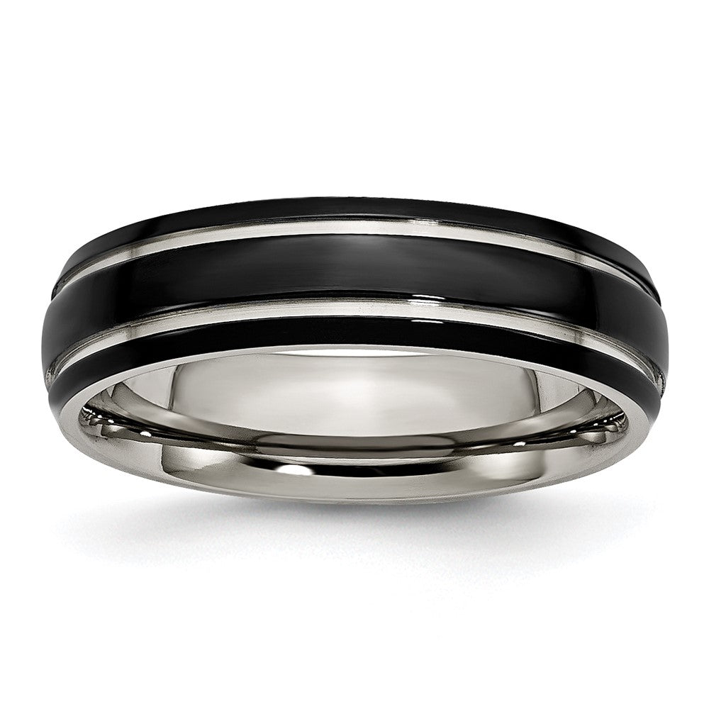 Titanium Polished Black IP-plated 6mm Grooved Band Size - 8.5