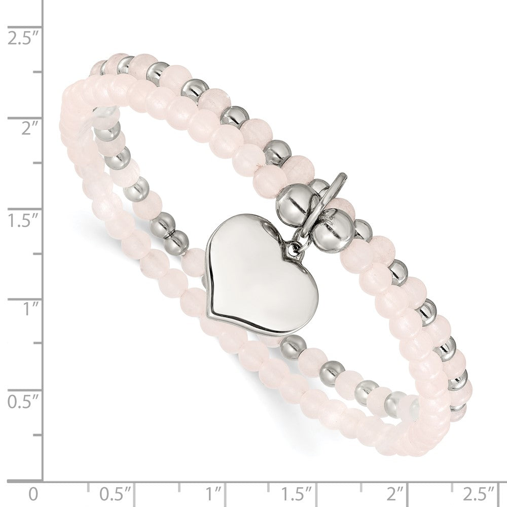 Chisel Stainless Steel Polished Heart 3-4mm Pink Quartz Two Strand 7.75 inch Stretch Bracelet 8 inches