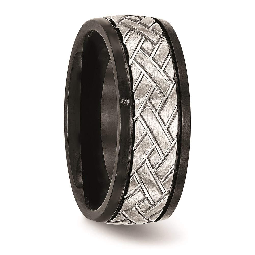 Stainless Steel Brushed Black IP-plated 8mm Grooved Band Size - 9.5