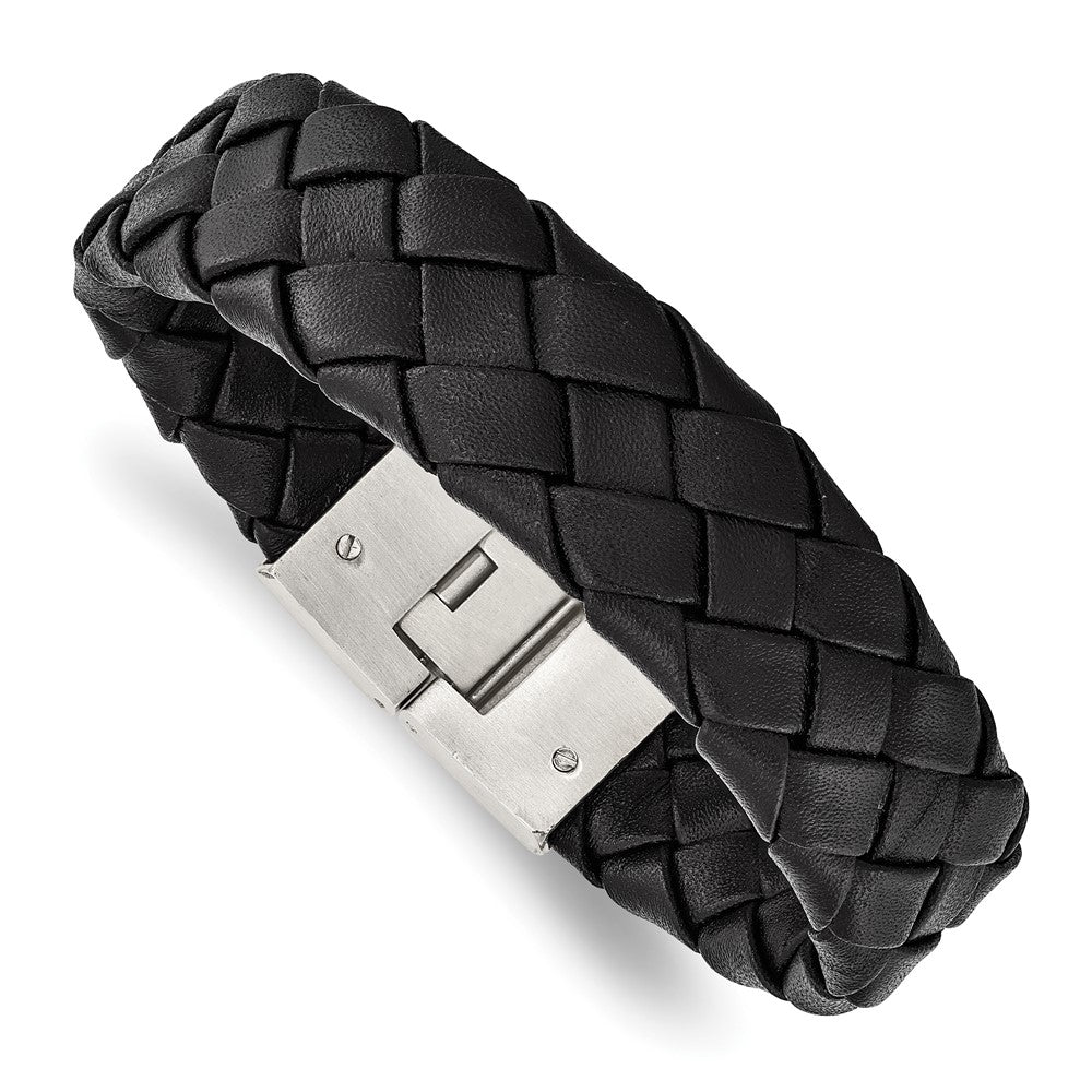 Stainless Steel Brushed Black Leather 8.5 in Bracelet 8.5 inches