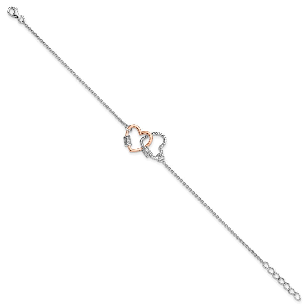 Sterling Silver Rh-plated Rose-tone Double Heart 7in w/1in ext Bracelet 8 inches