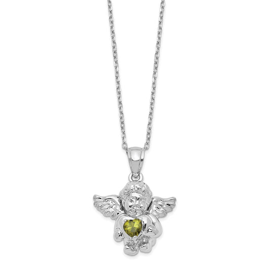 Sterling Silver RH-pltd CZ Aug Birthstone Angel Ash Holder 18in Necklace 18 Inches