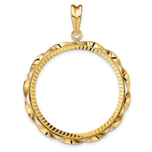 Wideband Distinguished Coin Jewelry 14k Polished Hand Twisted Ribbon and Diamond-cut 30.0mm Prong Coin Bezel Pendant