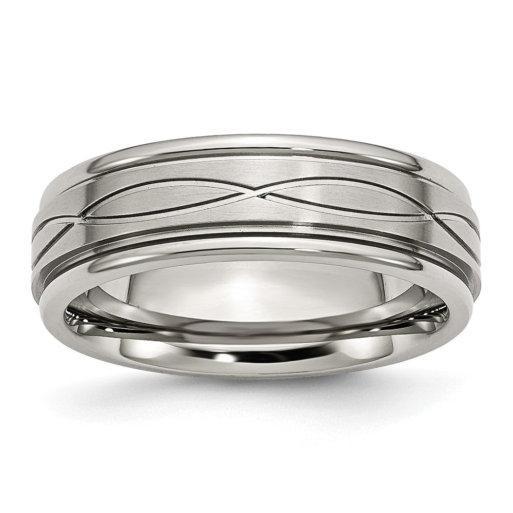 Stainless Steel Polished/Brushed Criss-cross Design 7mm Ridged Edge Band Size - 12.5