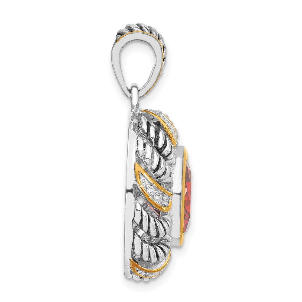 Sterling Silver Gold-plated Antiqued Red & Clear CZ Circle Pendant