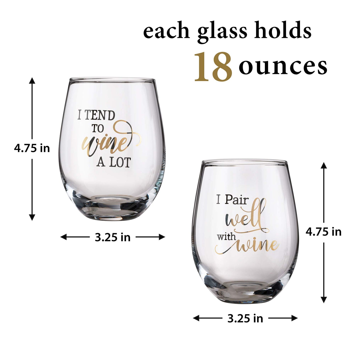 Lillian Rose Glass Set with Funny Wine Sayings, 4.75", Clear