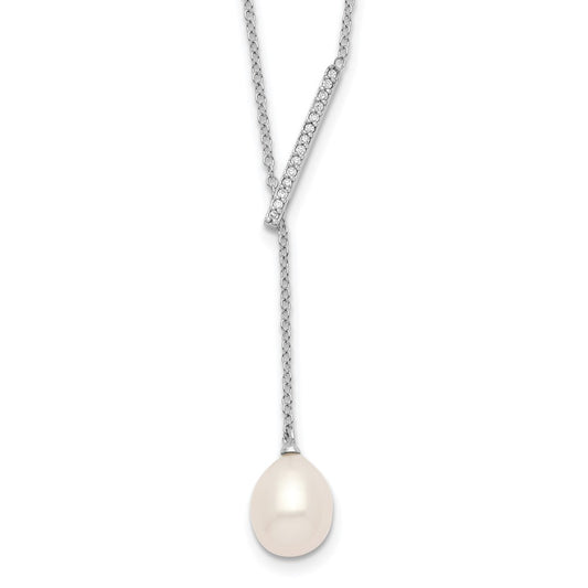 Sterling Silver Rhodium-plated CZ Bar/FWC Pearl w/2in ext Necklace 16 Inches