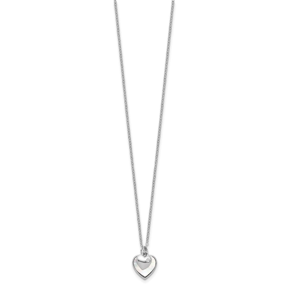 Sterling Silver Rhodium-plated Polished Mother of Pearl and CZ Hearts 14 Inch with 3 Inch Extension Children's Necklace 14 Inches