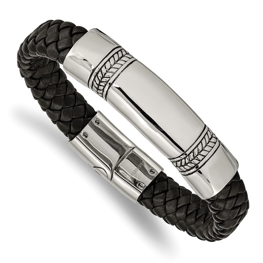 Stainless Steel Antiqued and Polished Black Leather 8.25in ID Bracelet 8.25 inches