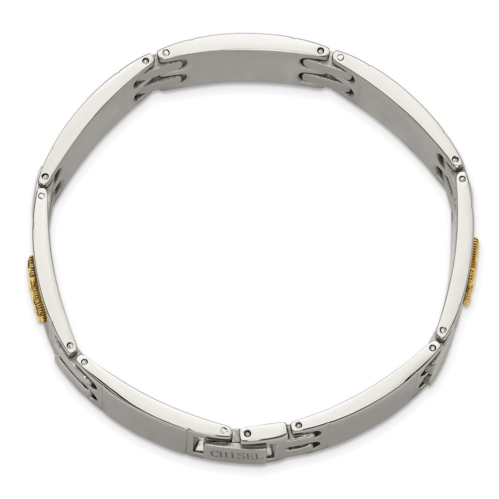Chisel Stainless Steel Polished with Diamond-cut 14K Gold Accent Cross 8 inch Link Bracelet 8 inches