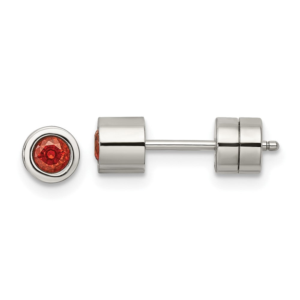 Stainless Steel Polished Red CZ July Birthstone Post Earrings