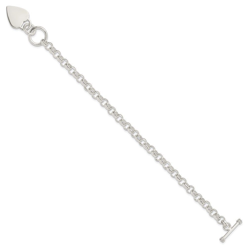 Sterling Silver Engraveable Heart Disc on Fancy Link Toggle Bracelet 8.75 inches